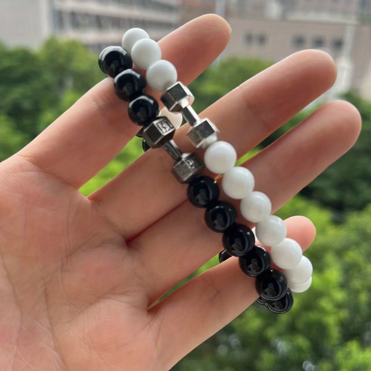 2pcs Men Dumbbell Decor Beaded Bracelets, Gift For Family And Friends, Holiday Birthday Gift For Boyfriends