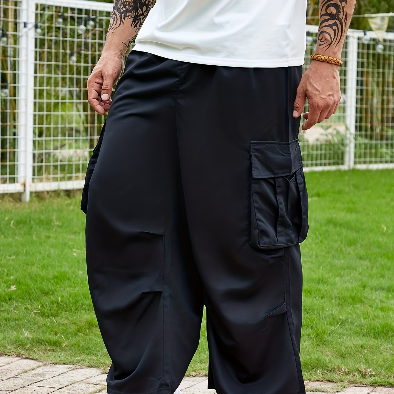 Plus Size Men's Flap Pocket Side Drawstring Waist Trousers, Solid Fashionable Long Pants Harem Pants Design