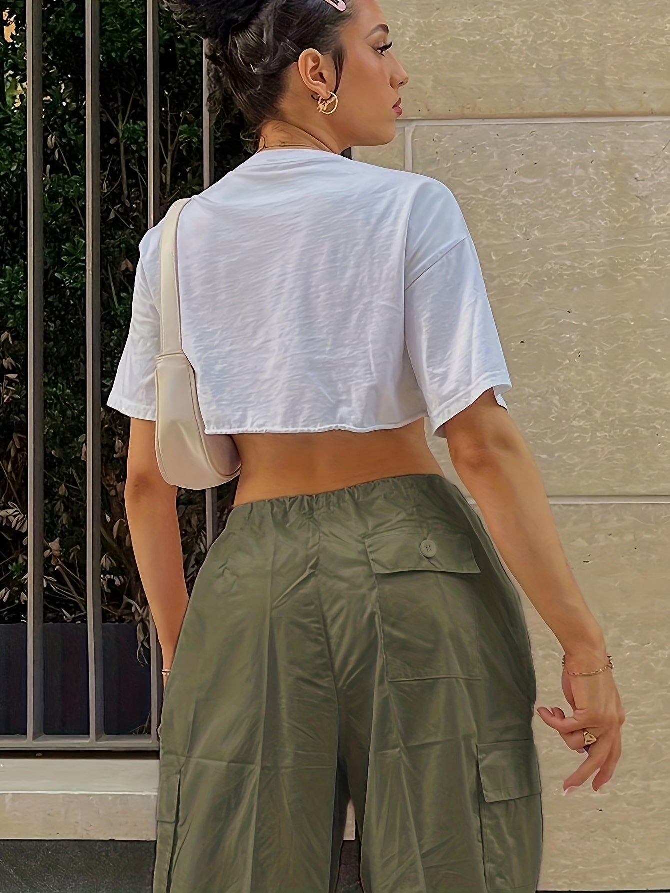 Y2K Loose Drawstring Cargo Pants, Casual Pocket High Waist Solid Wide Leg Fashion Comfy Pants, Women's Clothing