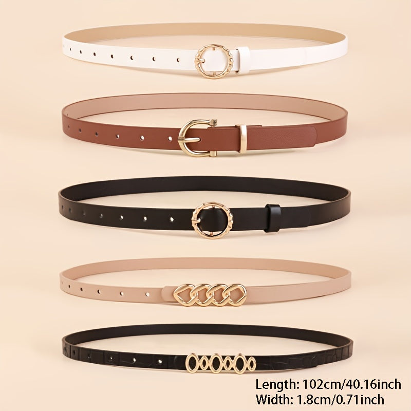 5pcs PU Leather Belts For Women Skinny Waist Belts With Metal Buckle Solid Color Simple Pin Buckle Thin Belt For Pants Jeans Dresses