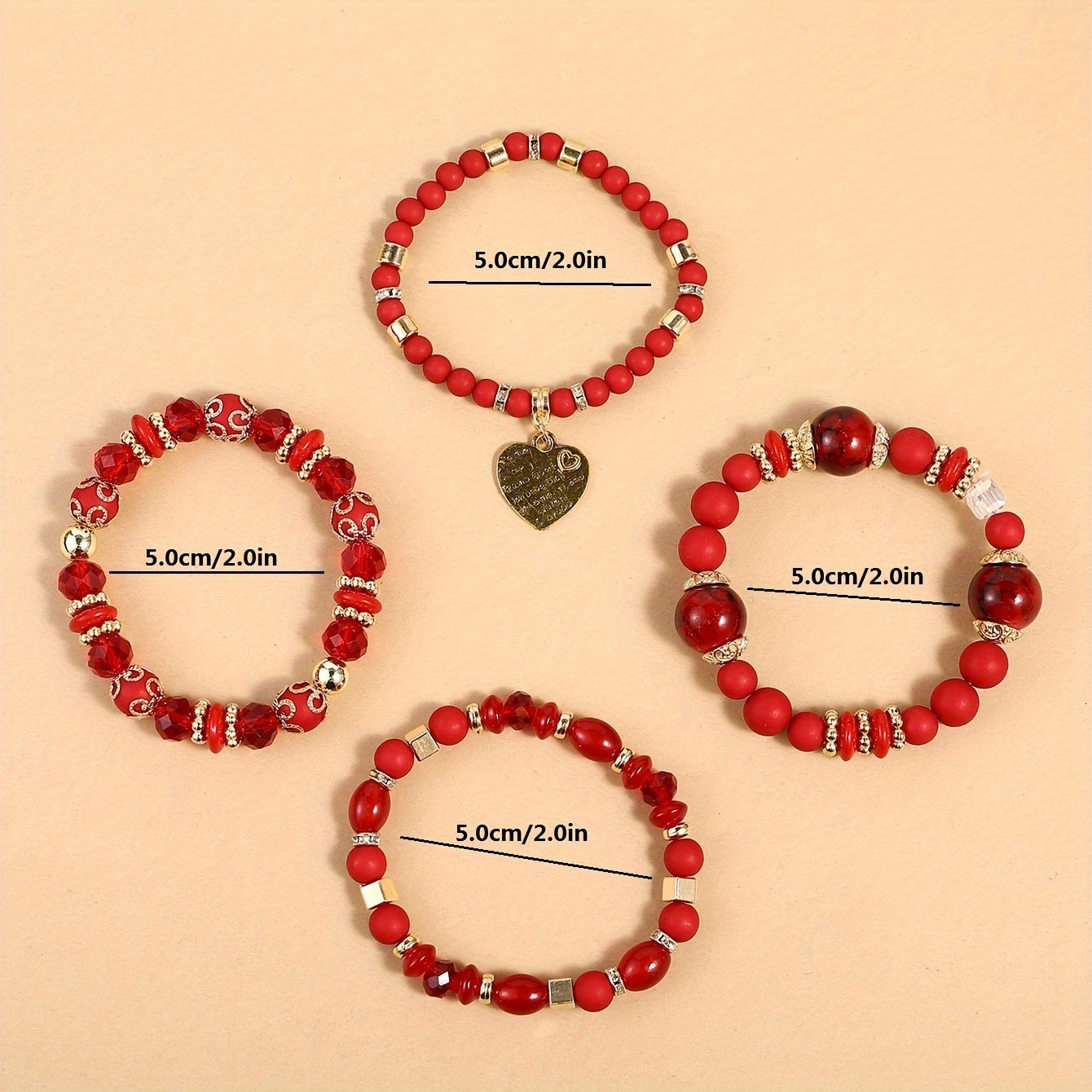 4pcs Heart Charm Beaded Bracelets - Unique Gift for Family, Friends, Boyfriends, Girlfriends, Perfect for Holiday, Birthday, Anniversary, and Romantic Occasions