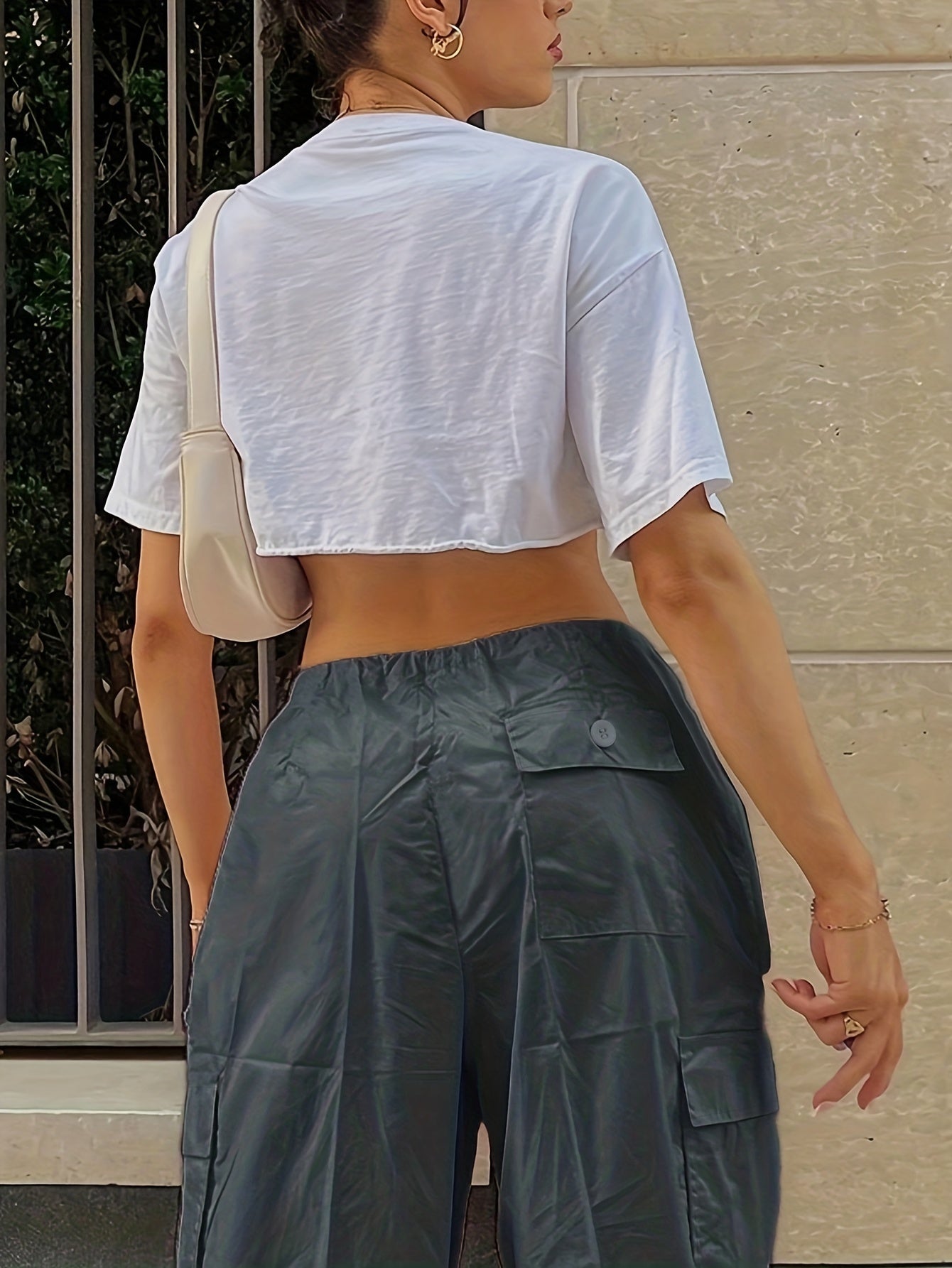 Y2K Loose Drawstring Cargo Pants, Casual Pocket High Waist Solid Wide Leg Fashion Comfy Pants, Women's Clothing