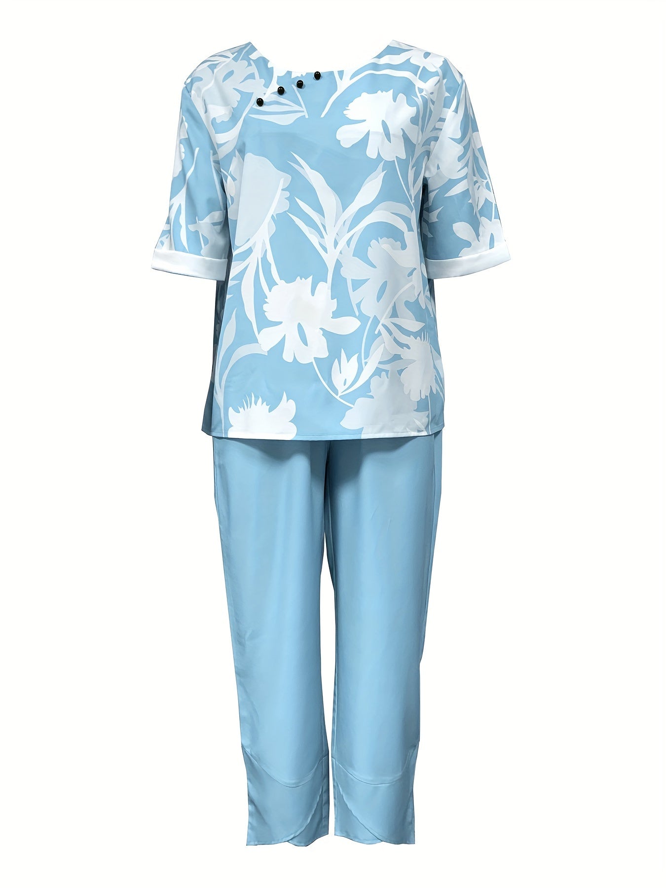 two-piece Women's Plant Print Top and Elastic Waist Pants Outfit - Comfortable and Stylish