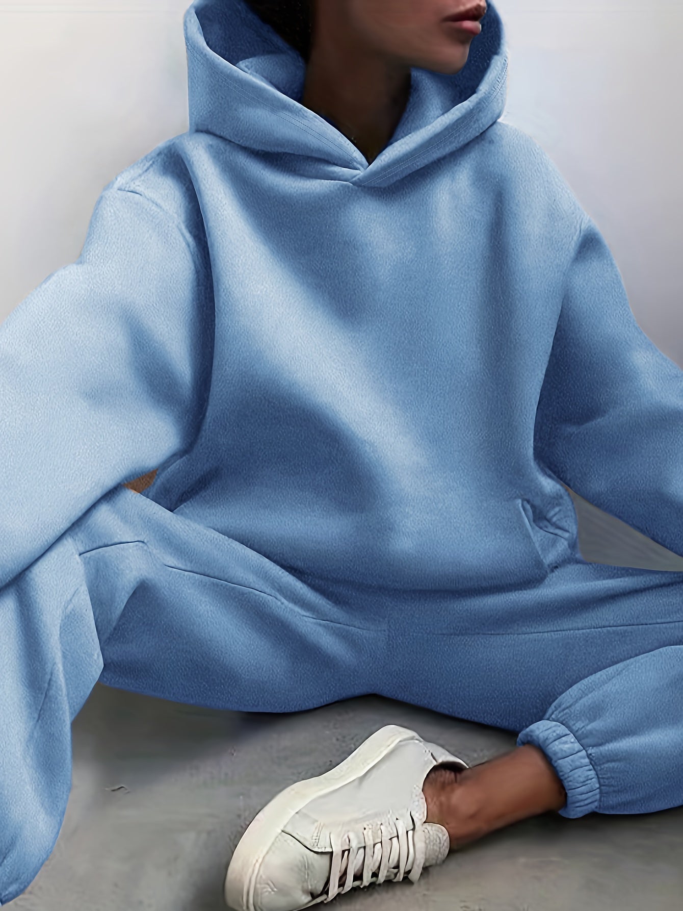 Two-Piece Hooded Set - Soft Polyester Knit Fabric, Drop Shoulder Long Sleeve Hoodie with Pocket, Elastic Waist Jogger Pants for Women, Casual Solid Color Outfit for Fall and Winter Seasons