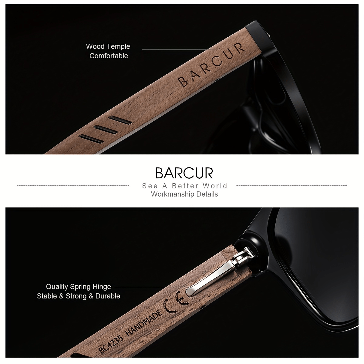 BARCUR, Classic Cool Wooden Temples Sunglasses, UV400 Polarized Sunglasses, For Men Women Holiday Outdoor Beach Vacation Travel Decors