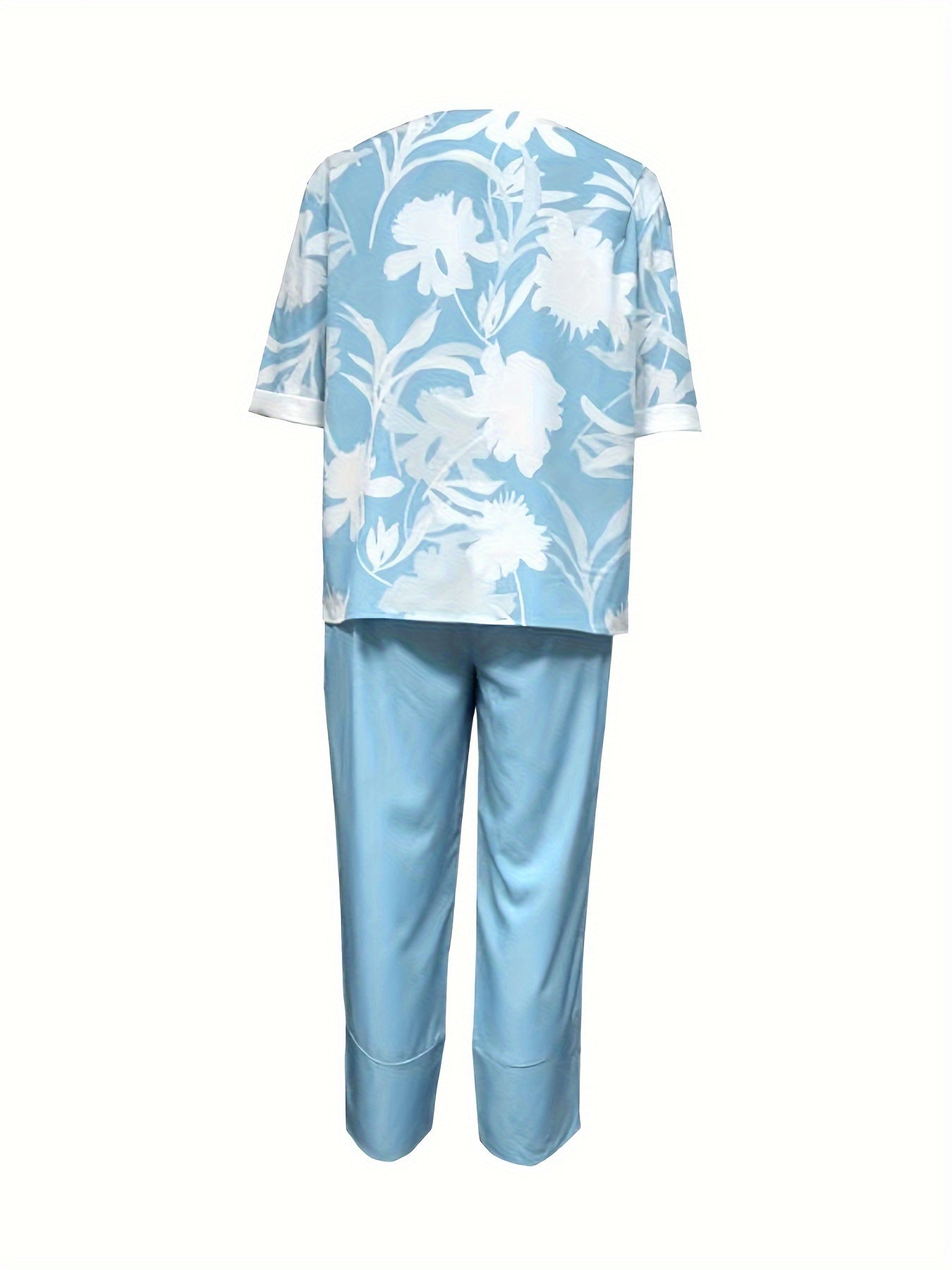 two-piece Women's Plant Print Top and Elastic Waist Pants Outfit - Comfortable and Stylish