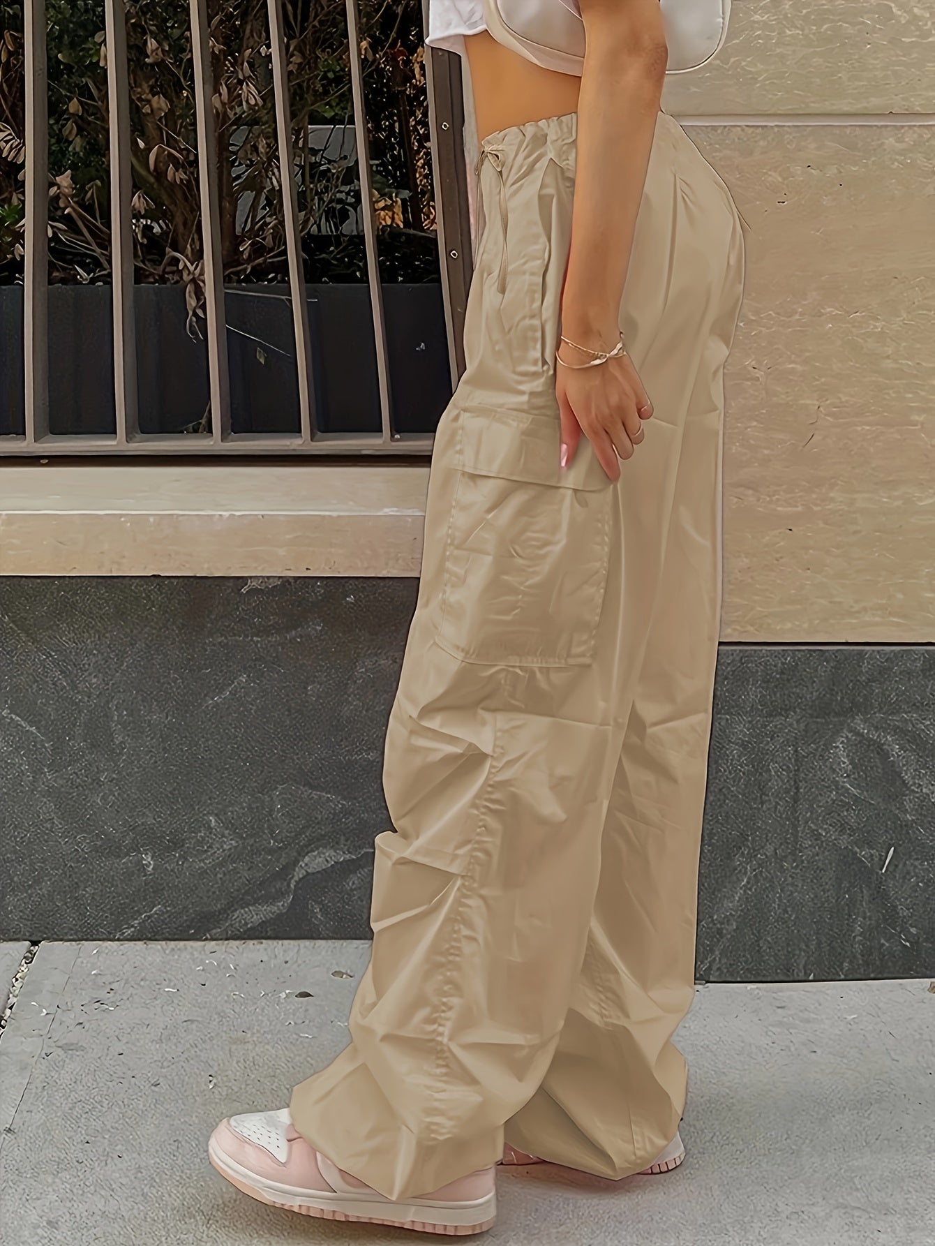 Y2K Loose Drawstring Cargo Pants, Casual Pocket High Waist Solid Wide Leg Fashion Comfy Pants, Women's Clothing