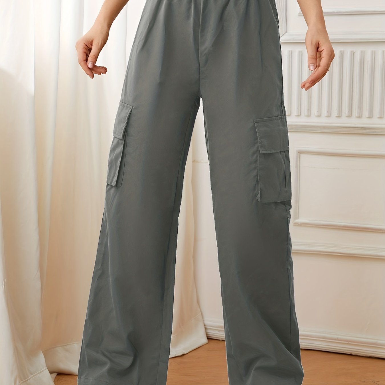 Flap Pockets Straight Leg Cargo Pants, Casual High Waist Pants, Women's Clothing