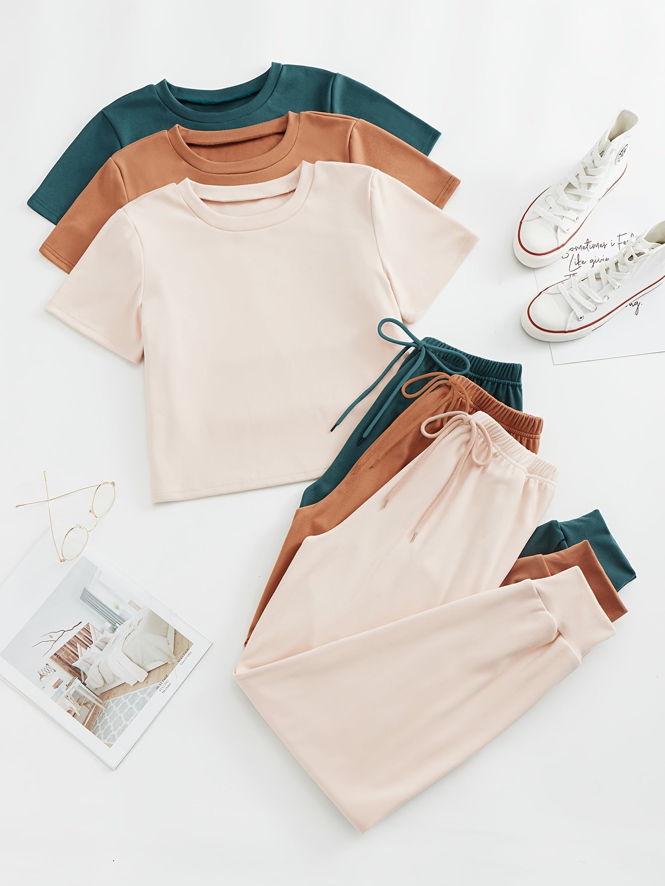 3 Sets Simple Solid Lounge Set, Crew Neck Short Sleeve Top & Lace Up Pants, Women's Loungewear & Sleepwear