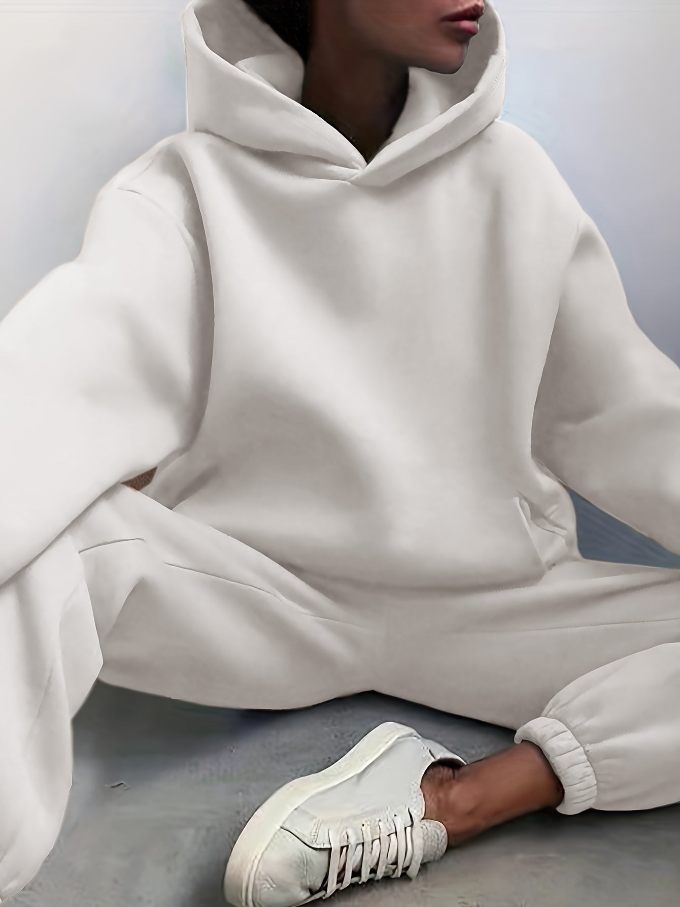 Two-Piece Hooded Set - Soft Polyester Knit Fabric, Drop Shoulder Long Sleeve Hoodie with Pocket, Elastic Waist Jogger Pants for Women, Casual Solid Color Outfit for Fall and Winter Seasons