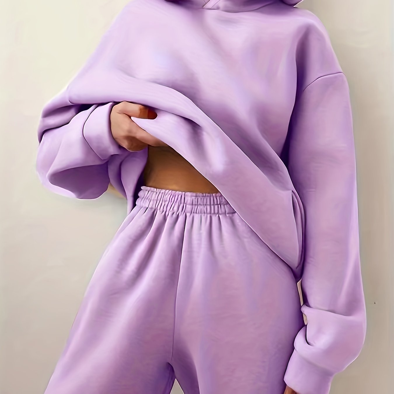 Casual Solid Two-piece Set, Kangaroo Pocket Hoodie & Elastic Waist Pants Outfits, Women's Clothing