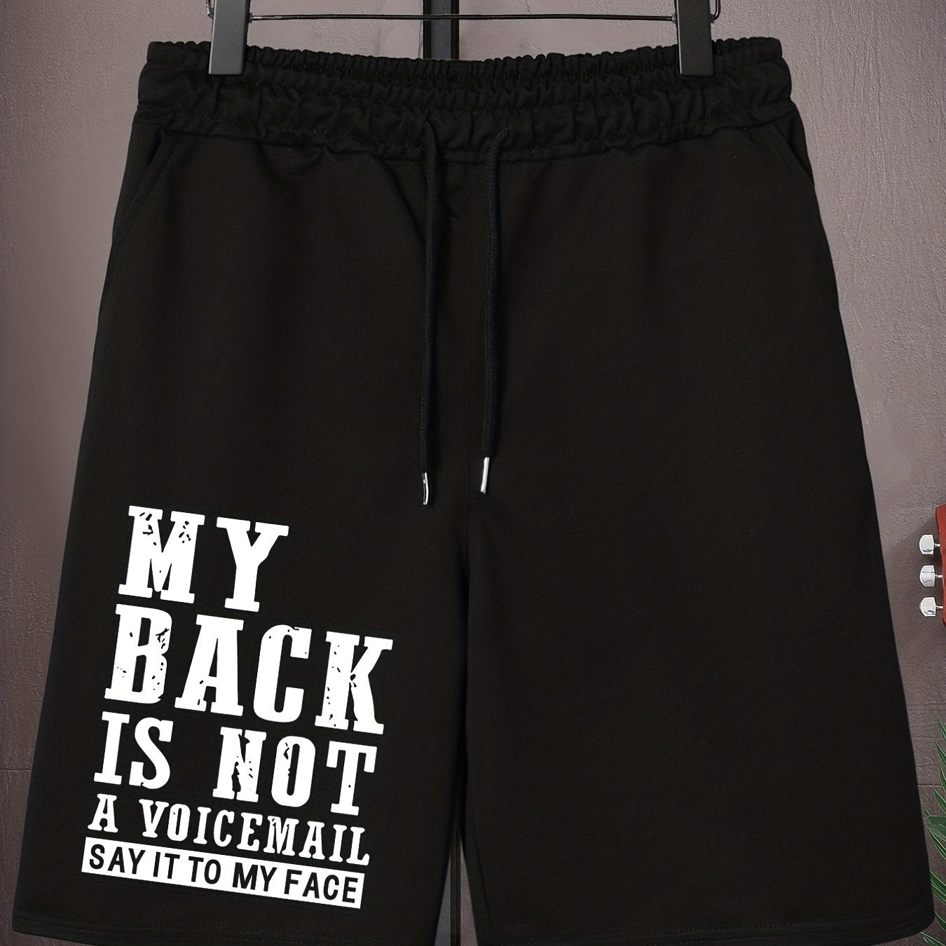 Men's Plus Size Drawstring Shorts - "MY BACK IS NOT A VOICEMAIL" Print, Oversized Black Sports Pants for Big and Tall, Elastic Waistband, Polyester, Casual Style for Spring/Summer, PLUS SIZE