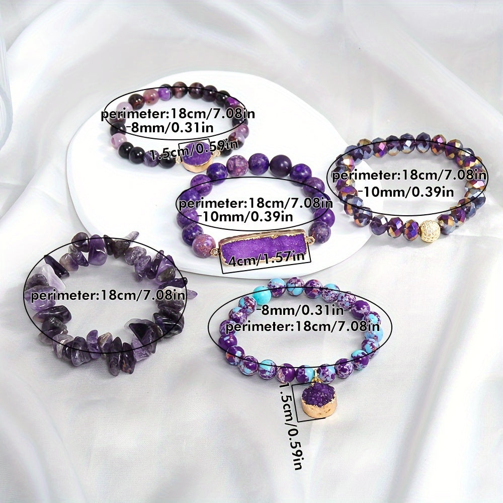 5pcs Bohemian Classic Beaded Bracelet Set, Natural Stone Druzy Gravel Glass, February Birthstone, Elastic Stackable Bracelets for Daily & Vacation Wear, Synthetic Zirconia Accents, All Seasons