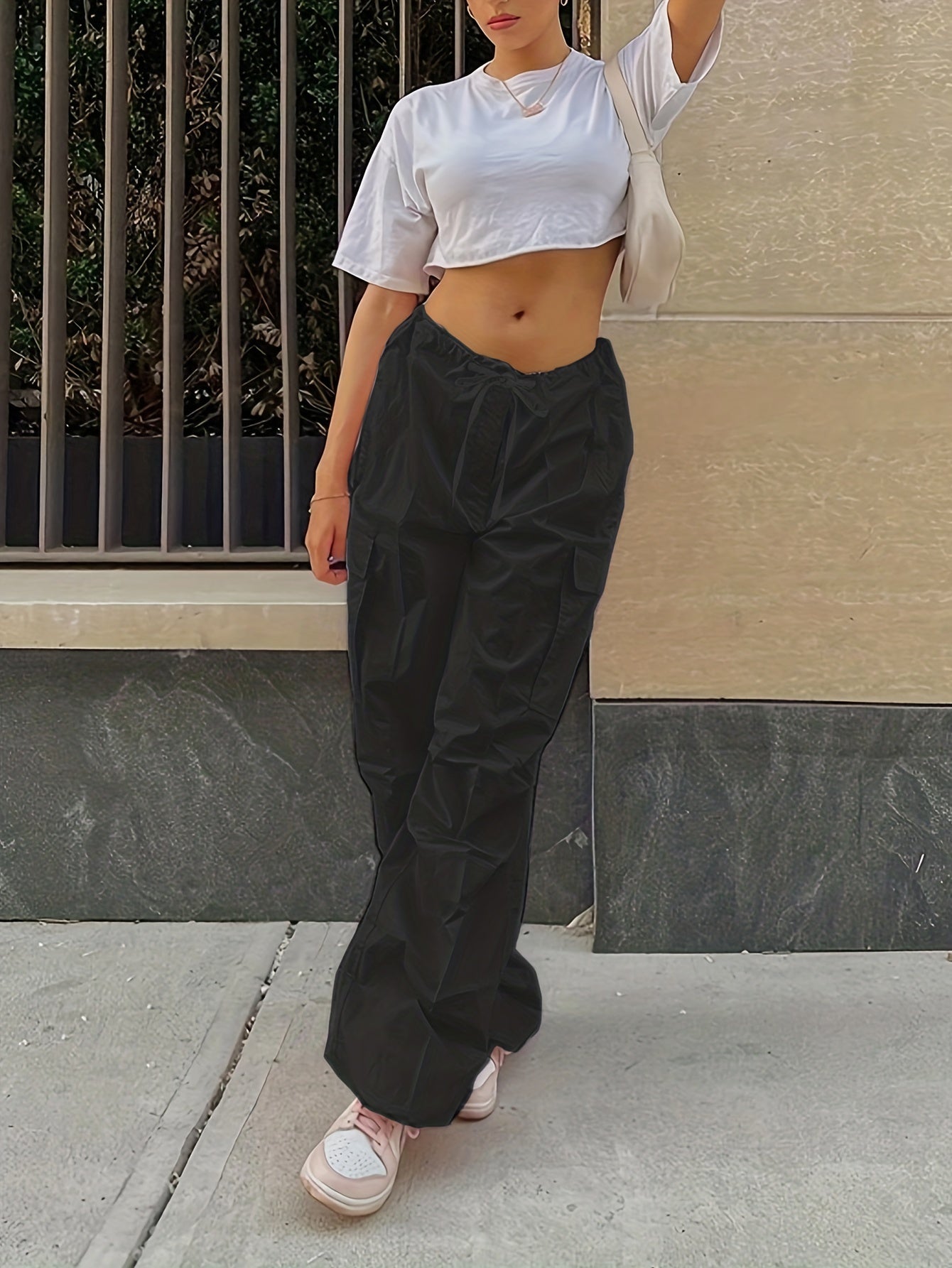 Y2K Loose Drawstring Cargo Pants, Casual Pocket High Waist Solid Wide Leg Fashion Comfy Pants, Women's Clothing
