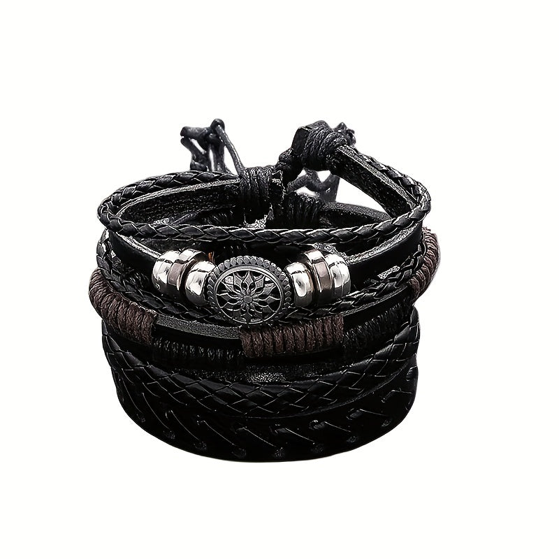 4Pcs/set Fashionable Vintage PU Leather Woven Bracelet Men Charm Bracelets, Father's Day Gift