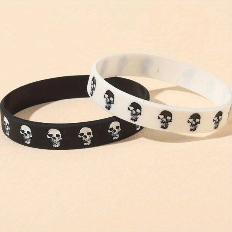 2pcs/Set Punk Style Skull Silicone Bracelets, Funny Cool Sports Rubber Bracelet Bracelet Set