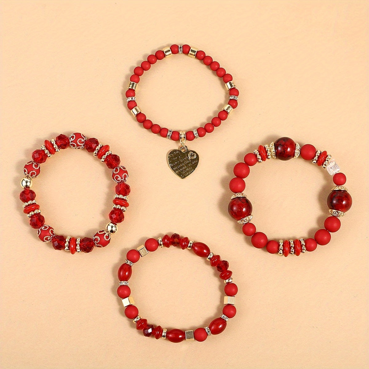 4pcs Heart Charm Beaded Bracelets - Unique Gift for Family, Friends, Boyfriends, Girlfriends, Perfect for Holiday, Birthday, Anniversary, and Romantic Occasions