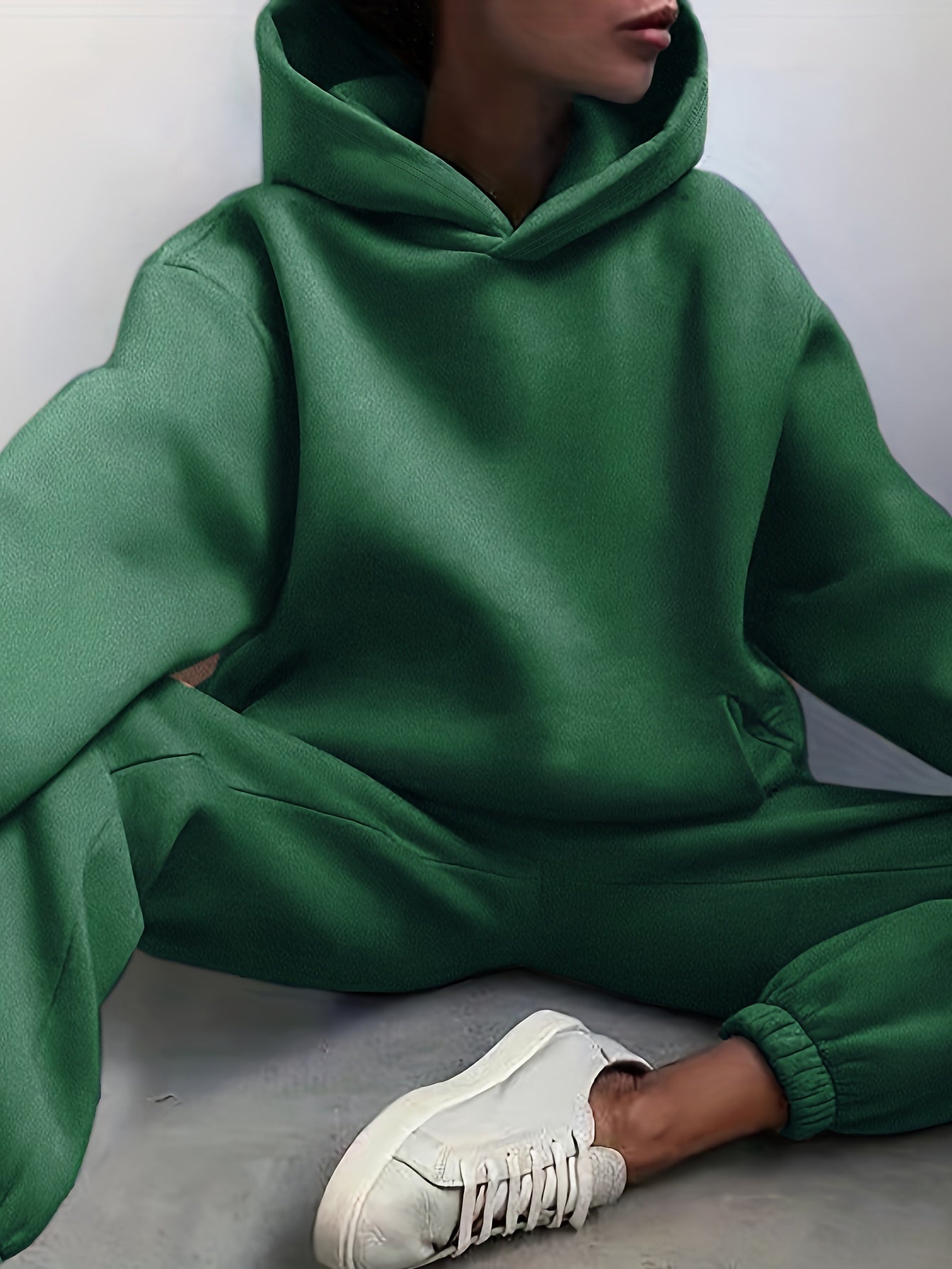 Two-Piece Hooded Set - Soft Polyester Knit Fabric, Drop Shoulder Long Sleeve Hoodie with Pocket, Elastic Waist Jogger Pants for Women, Casual Solid Color Outfit for Fall and Winter Seasons
