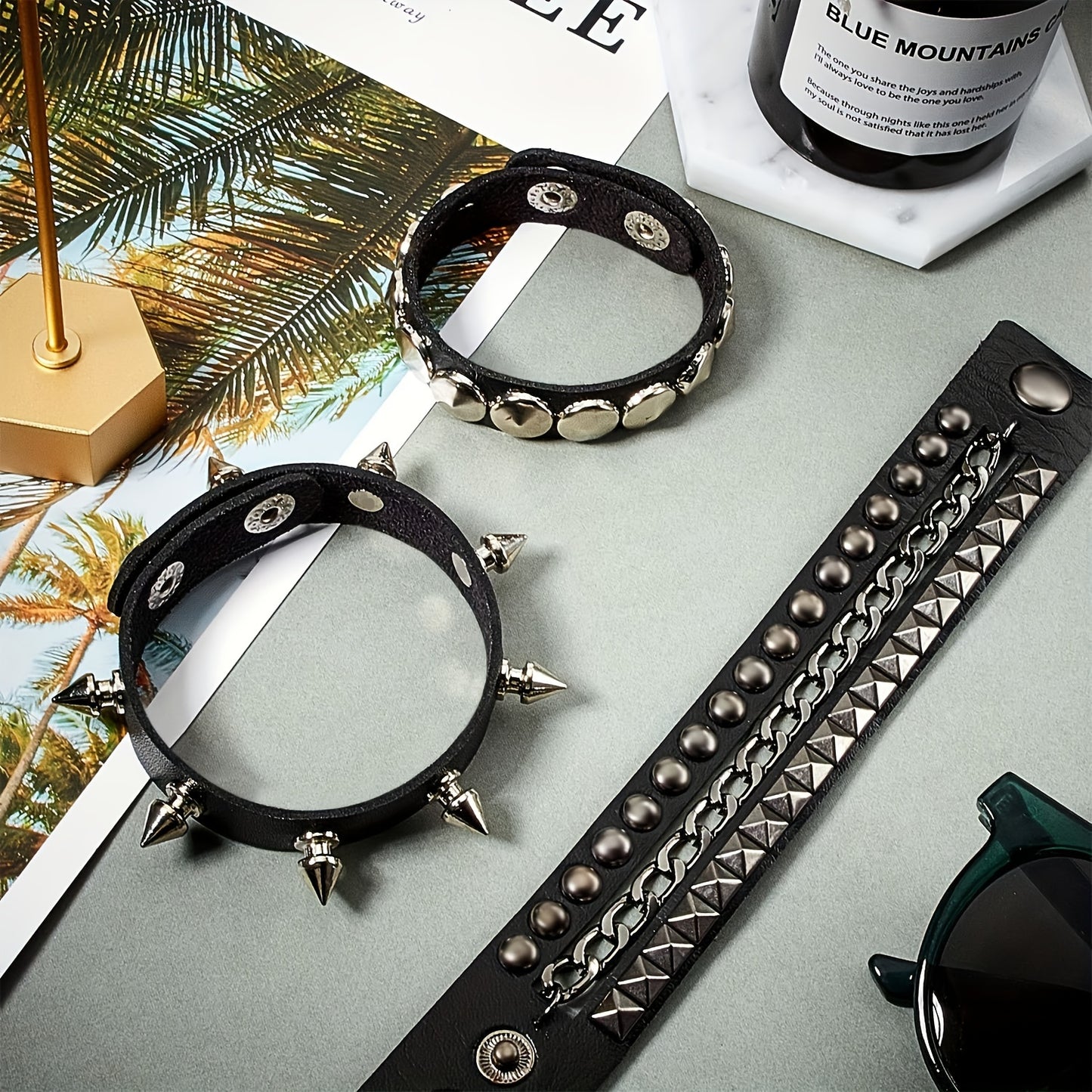 6pcs Punk Gothic Faux Leather Bracelets with Studded Spikes & Rivet Buckles - Adjustable Black Wristbands for Men, 80s Rock Style Party Accessories