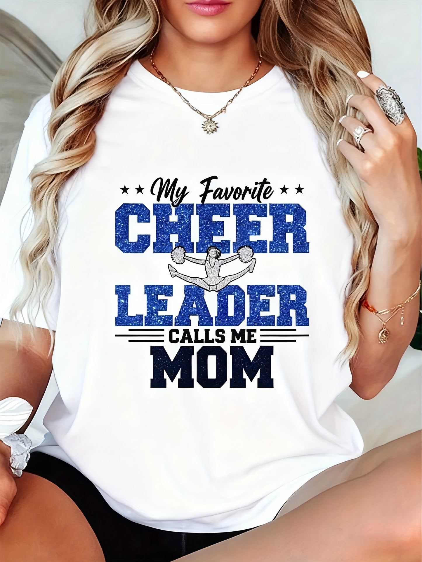 Women's Cheerleader Mom Slogan T-Shirt - "My Favorite LEADER Calls Me MOM" Short Sleeve Round Neck Top, Casual Brown Cheerleading Tee for Moms, Spring Summer Outfits, Dance Team Apparel & Gift Idea, Womens Tops And Blouses, T
