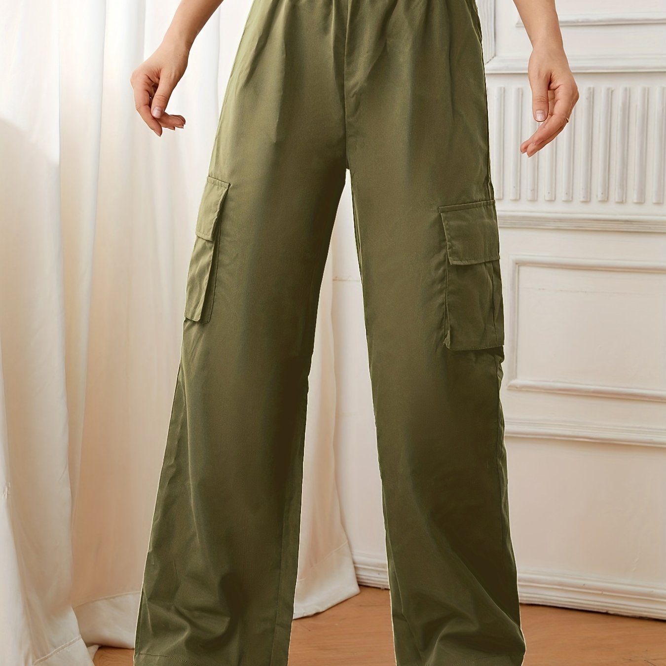 Flap Pockets Straight Leg Cargo Pants, Casual High Waist Pants, Women's Clothing
