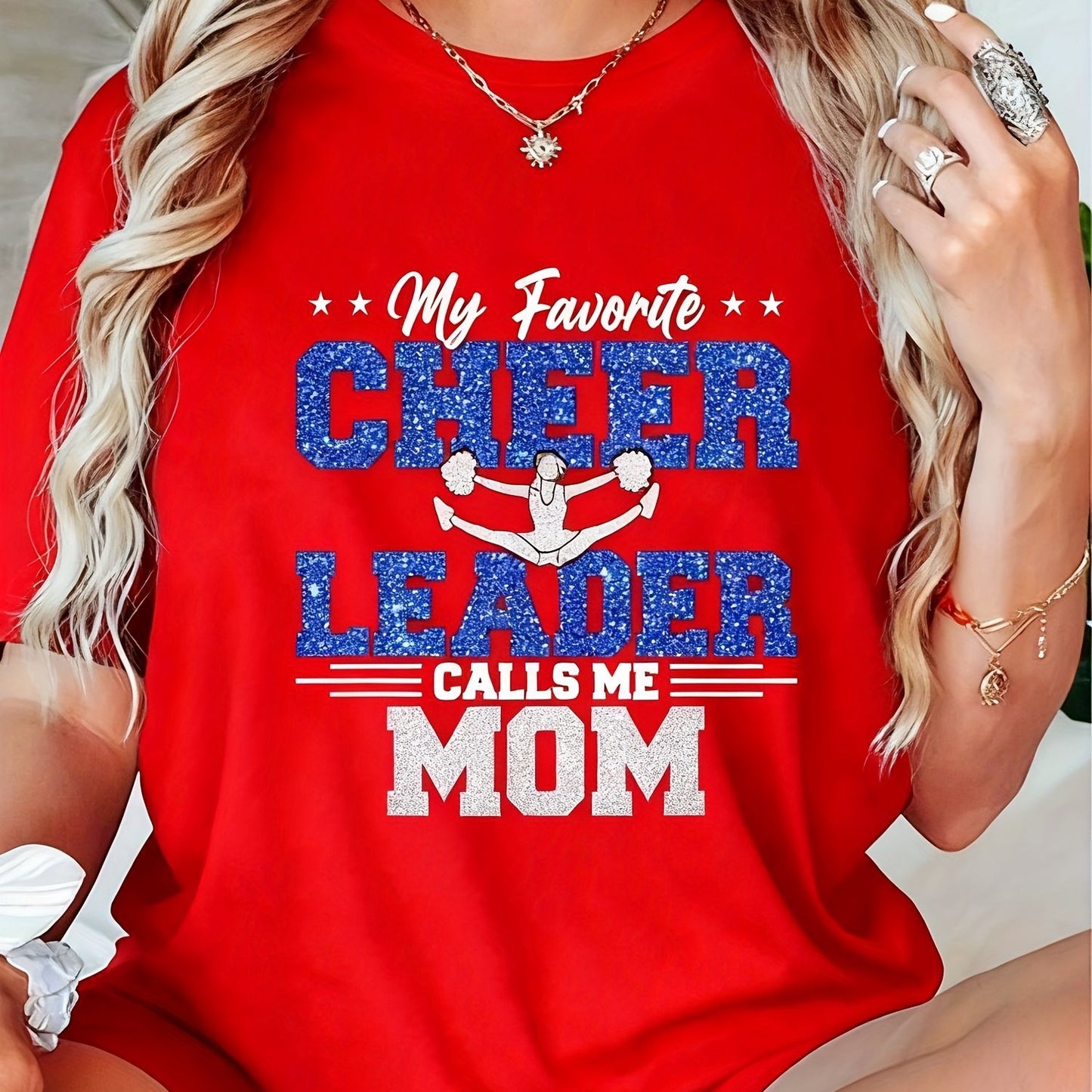 Women's Cheerleader Mom Slogan T-Shirt - "My Favorite LEADER Calls Me MOM" Short Sleeve Round Neck Top, Casual Brown Cheerleading Tee for Moms, Spring Summer Outfits, Dance Team Apparel & Gift Idea, Womens Tops And Blouses, T