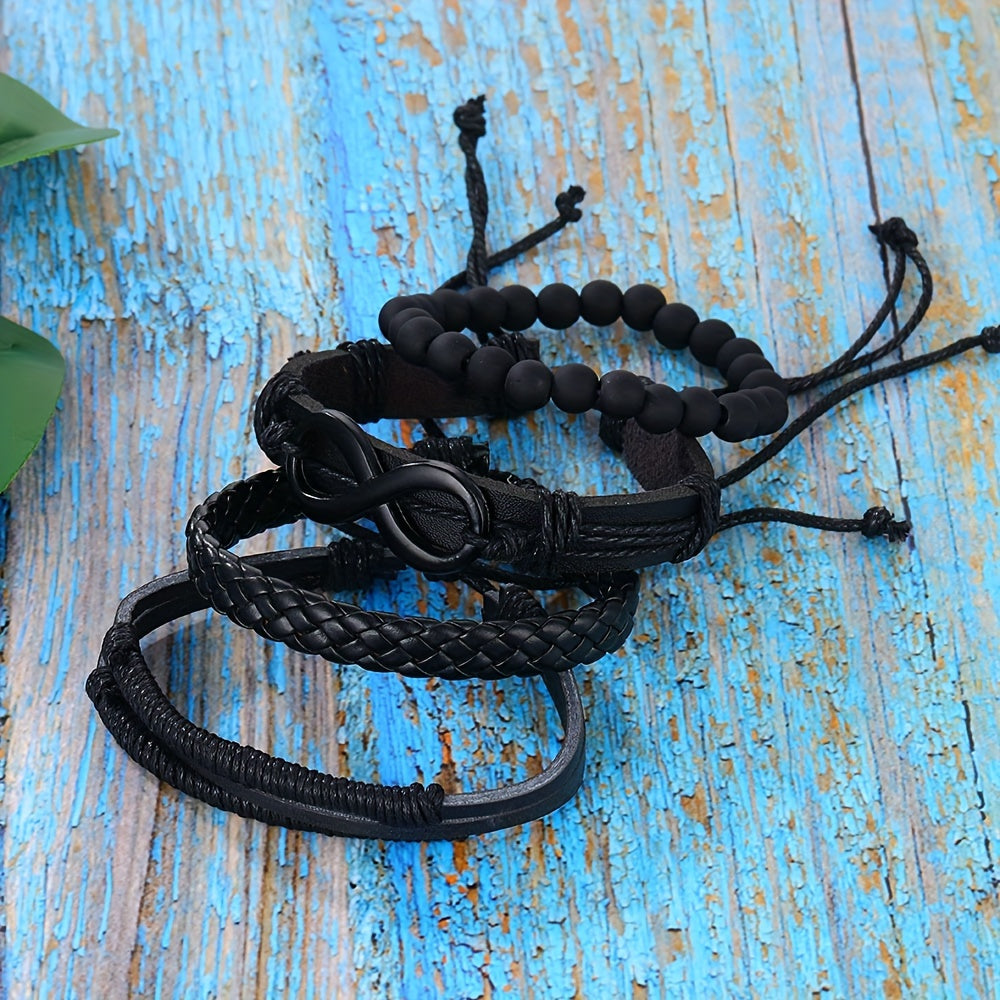 4pcs Möbius Strip Men's PU Leather Bracelets, Beads Multi-Layered Bracelets, Father's Day Gift