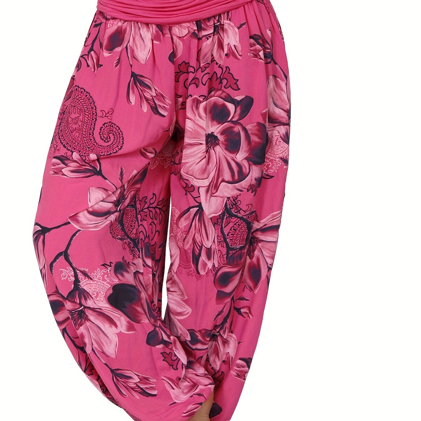 Boho Floral Print Ruched Harem Pants, Casual Bohemian Pants For Spring & Summer, Women's Clothing