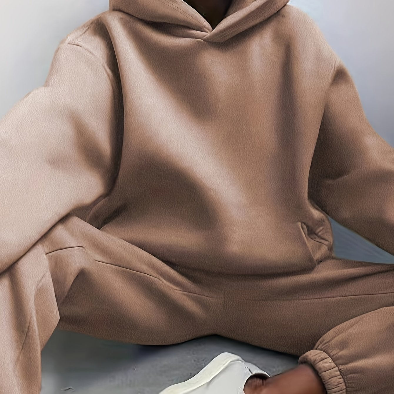 Two-Piece Hooded Set - Soft Polyester Knit Fabric, Drop Shoulder Long Sleeve Hoodie with Pocket, Elastic Waist Jogger Pants for Women, Casual Solid Color Outfit for Fall and Winter Seasons
