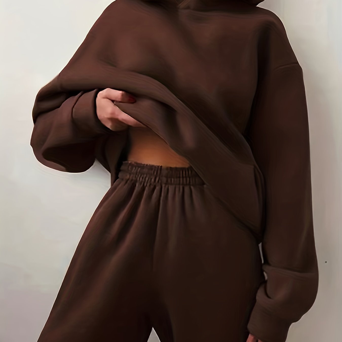 Casual Solid Two-piece Set, Kangaroo Pocket Hoodie & Elastic Waist Pants Outfits, Women's Clothing
