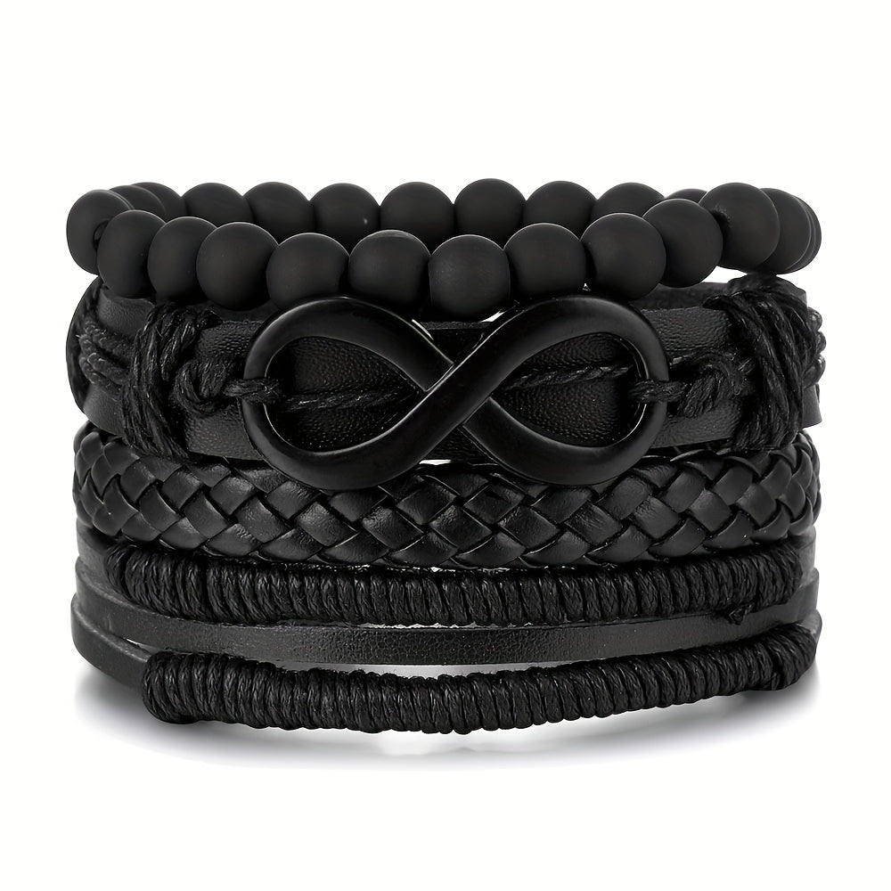 4pcs Möbius Strip Men's PU Leather Bracelets, Beads Multi-Layered Bracelets, Father's Day Gift