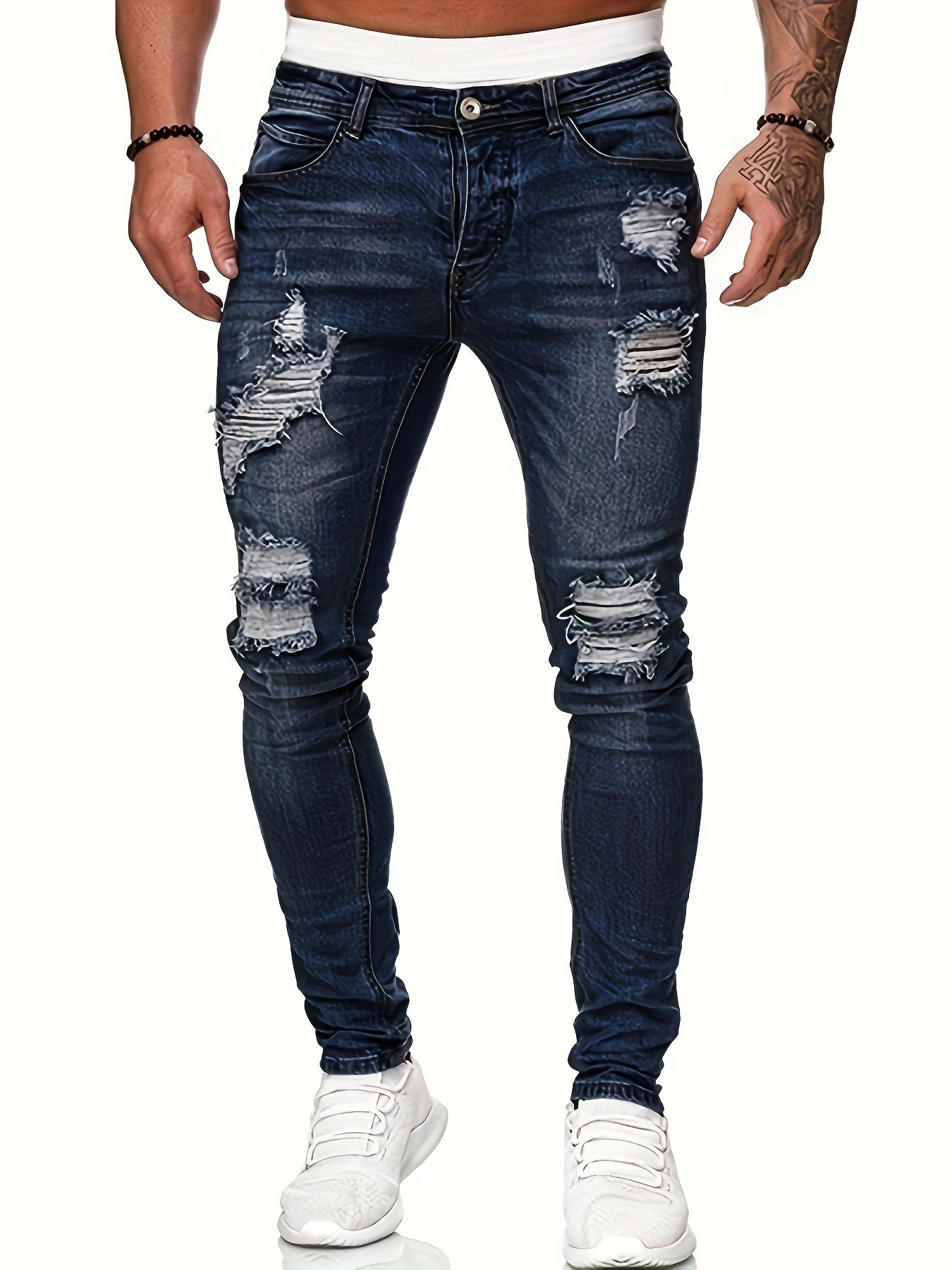 Mid Stretch Slim Fit Ripped Cotton Jeans, Men's Casual Street Style Distressed Denim Pants For Spring Summer