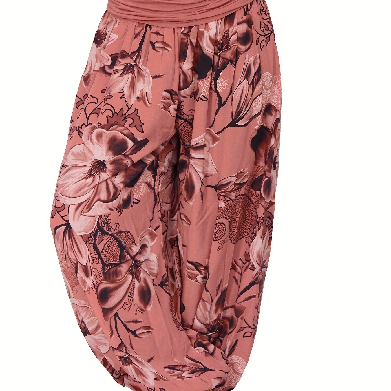 Women's Floral Print Harem Pants - Lightweight Polyester, Wide Leg, Casual Vacation Style, Blue and White Flowers, Relaxed Fit Pants|Vacation Style Pants|Machine Washable Fabric, Ladies Pants