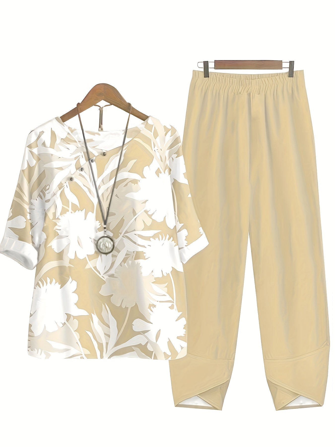 two-piece Women's Plant Print Top and Elastic Waist Pants Outfit - Comfortable and Stylish