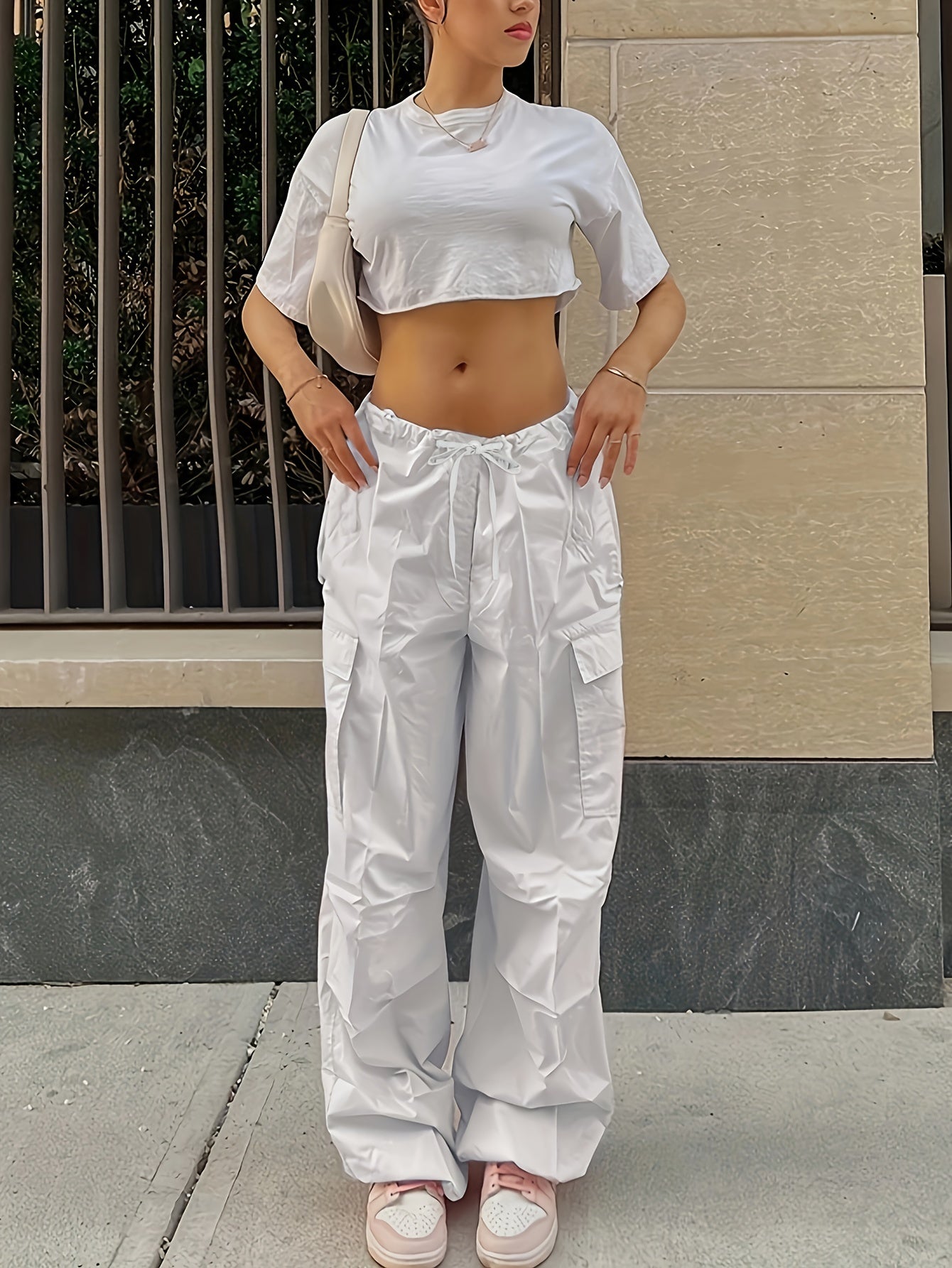 Y2K Loose Drawstring Cargo Pants, Casual Pocket High Waist Solid Wide Leg Fashion Comfy Pants, Women's Clothing