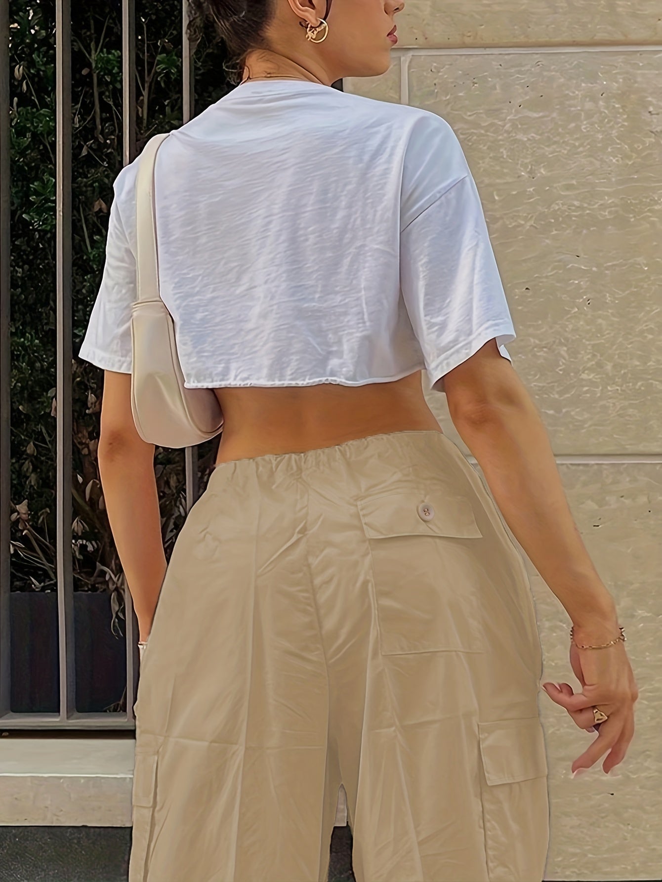 Y2K Loose Drawstring Cargo Pants, Casual Pocket High Waist Solid Wide Leg Fashion Comfy Pants, Women's Clothing