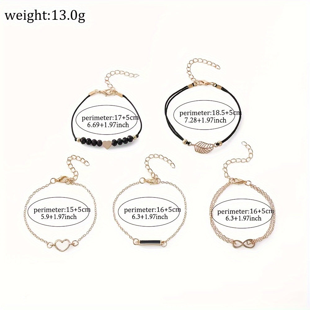 6pcs/set Women's Watch Casual Round Pointer Quartz Watch Analog PU Leather Wrist Watch & Heart Leaf Bracelets, Gift For Mom Her