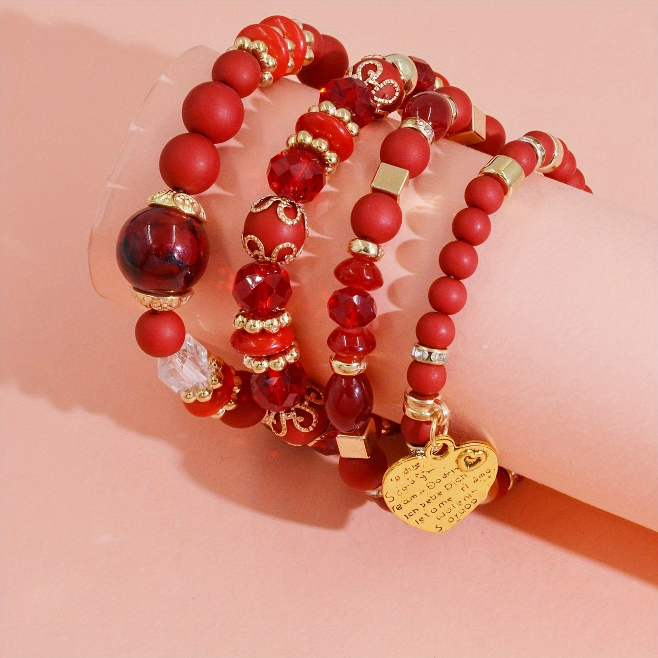 4pcs Heart Charm Beaded Bracelets - Unique Gift for Family, Friends, Boyfriends, Girlfriends, Perfect for Holiday, Birthday, Anniversary, and Romantic Occasions
