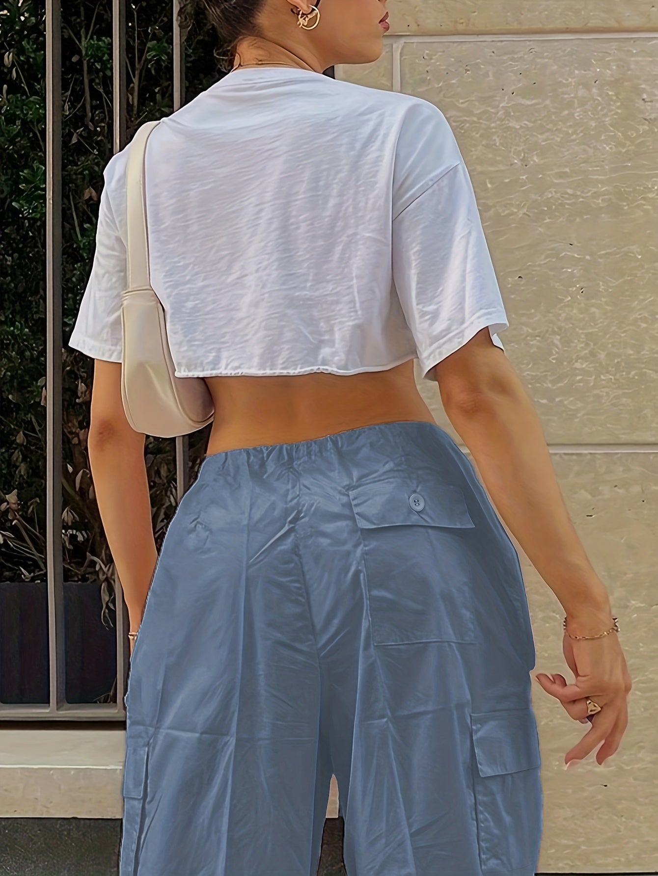 Y2K Loose Drawstring Cargo Pants, Casual Pocket High Waist Solid Wide Leg Fashion Comfy Pants, Women's Clothing