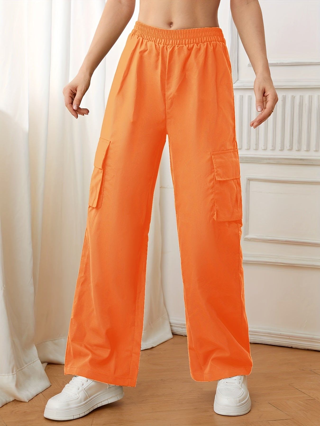 Flap Pockets Straight Leg Cargo Pants, Casual High Waist Pants, Women's Clothing