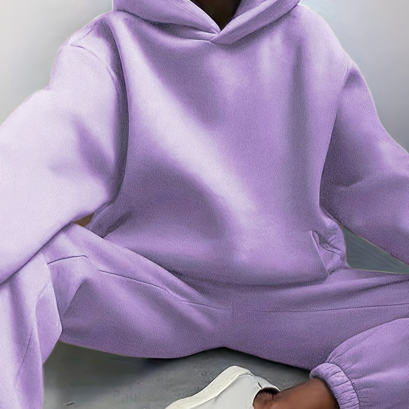 Two-Piece Hooded Set - Soft Polyester Knit Fabric, Drop Shoulder Long Sleeve Hoodie with Pocket, Elastic Waist Jogger Pants for Women, Casual Solid Color Outfit for Fall and Winter Seasons