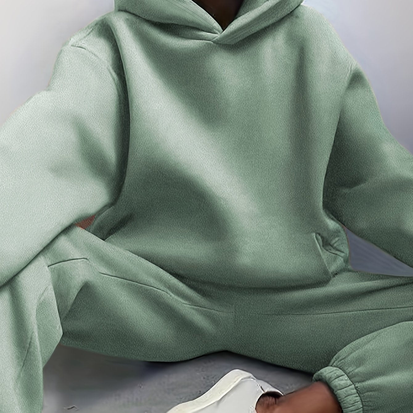 Two-Piece Hooded Set - Soft Polyester Knit Fabric, Drop Shoulder Long Sleeve Hoodie with Pocket, Elastic Waist Jogger Pants for Women, Casual Solid Color Outfit for Fall and Winter Seasons