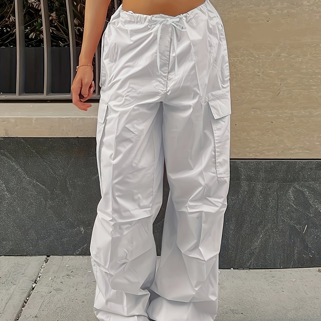 Y2K Loose Drawstring Cargo Pants, Casual Pocket High Waist Solid Wide Leg Fashion Comfy Pants, Women's Clothing