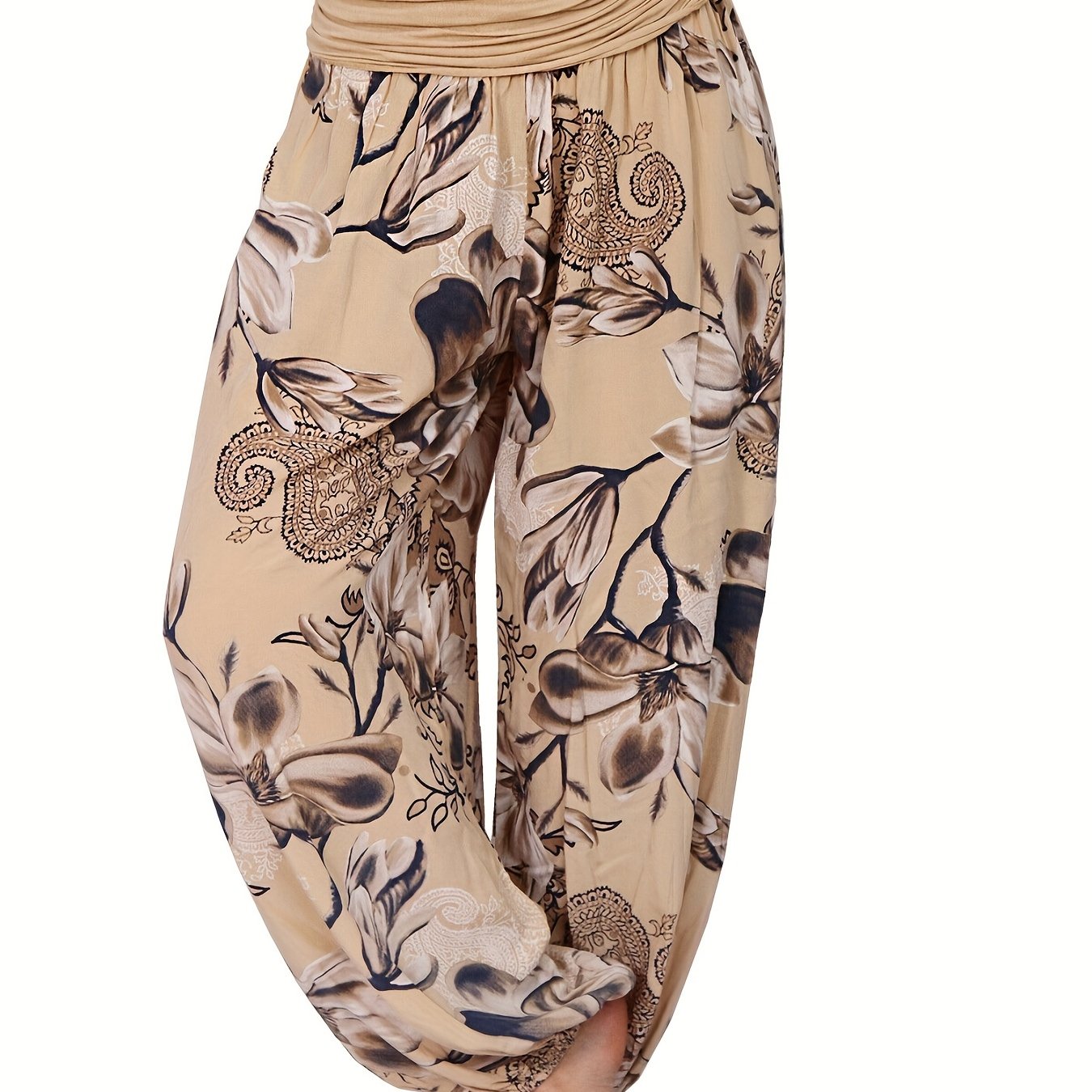 Boho Floral Print Ruched Harem Pants, Casual Bohemian Pants For Spring & Summer, Women's Clothing