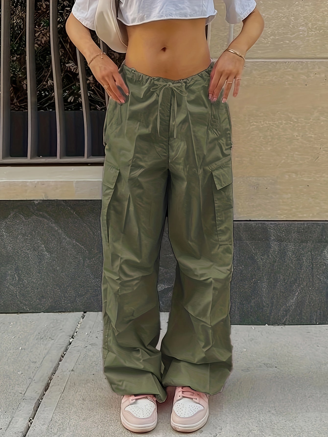 Y2K Loose Drawstring Cargo Pants, Casual Pocket High Waist Solid Wide Leg Fashion Comfy Pants, Women's Clothing