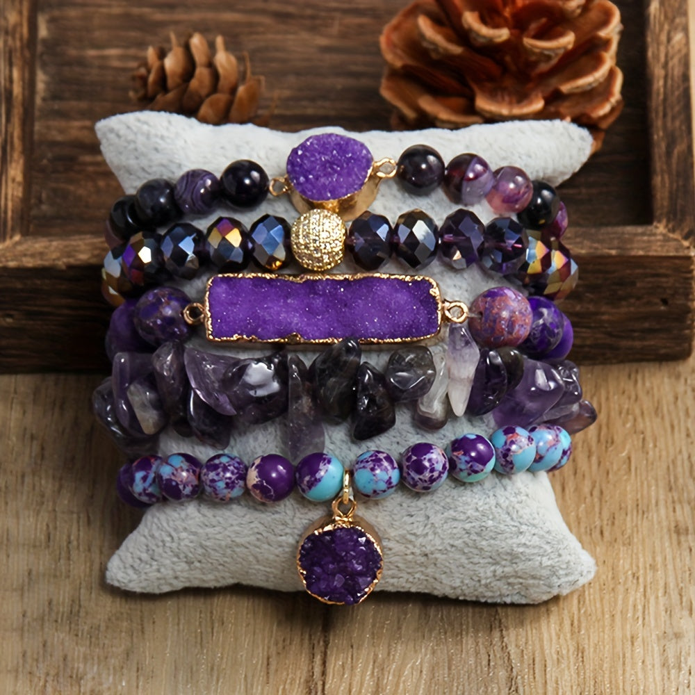 5pcs Bohemian Classic Beaded Bracelet Set, Natural Stone Druzy Gravel Glass, February Birthstone, Elastic Stackable Bracelets for Daily & Vacation Wear, Synthetic Zirconia Accents, All Seasons
