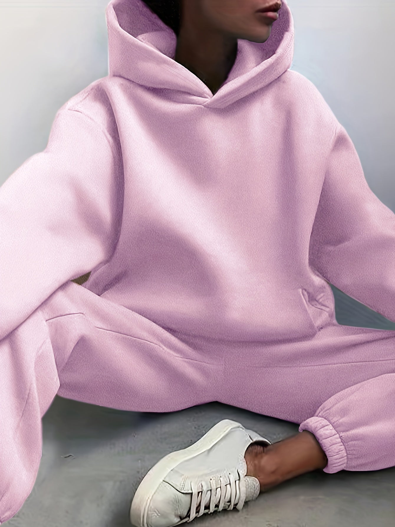Two-Piece Hooded Set - Soft Polyester Knit Fabric, Drop Shoulder Long Sleeve Hoodie with Pocket, Elastic Waist Jogger Pants for Women, Casual Solid Color Outfit for Fall and Winter Seasons