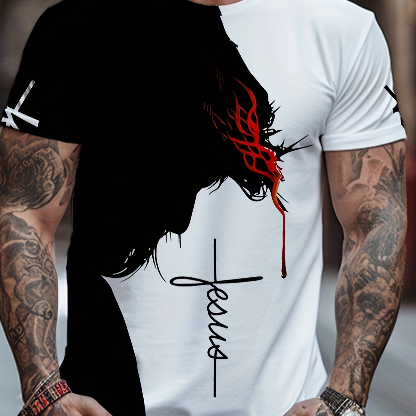Jesus Print, Men's Graphic Design Crew Neck Novel T-shirt, Casual Comfy Tees Tshirts For Summer, Men's Clothing Tops For Daily Vacation Resorts