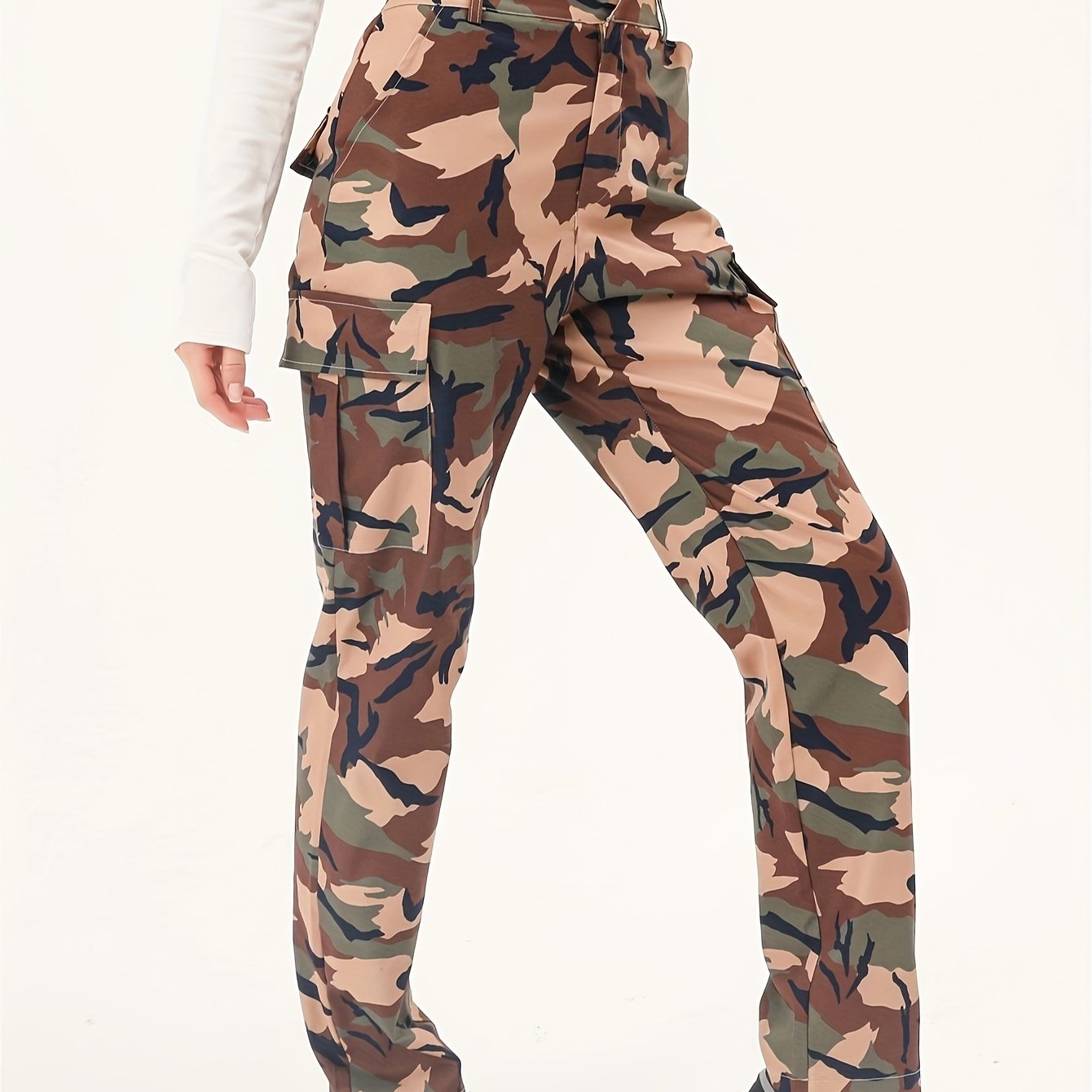 Camo Print Cargo Pants, Casual Long Length Versatile Pants With Pockets, Women's Clothing