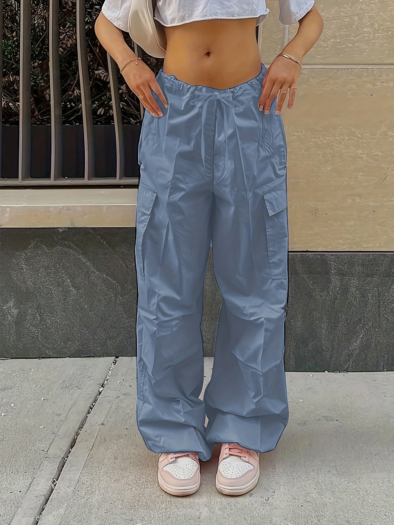 Y2K Loose Drawstring Cargo Pants, Casual Pocket High Waist Solid Wide Leg Fashion Comfy Pants, Women's Clothing